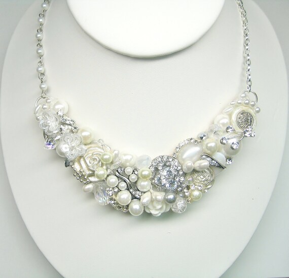 Soft White and Silver Bridal Statement Necklace -Rhinestones & Pearls Bridal bib- Vintage Inspired bridal accessory-Collage wedding jewelry