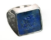 Lapis Lion Family Crest Sculpted Square Sterling Silver Ring.