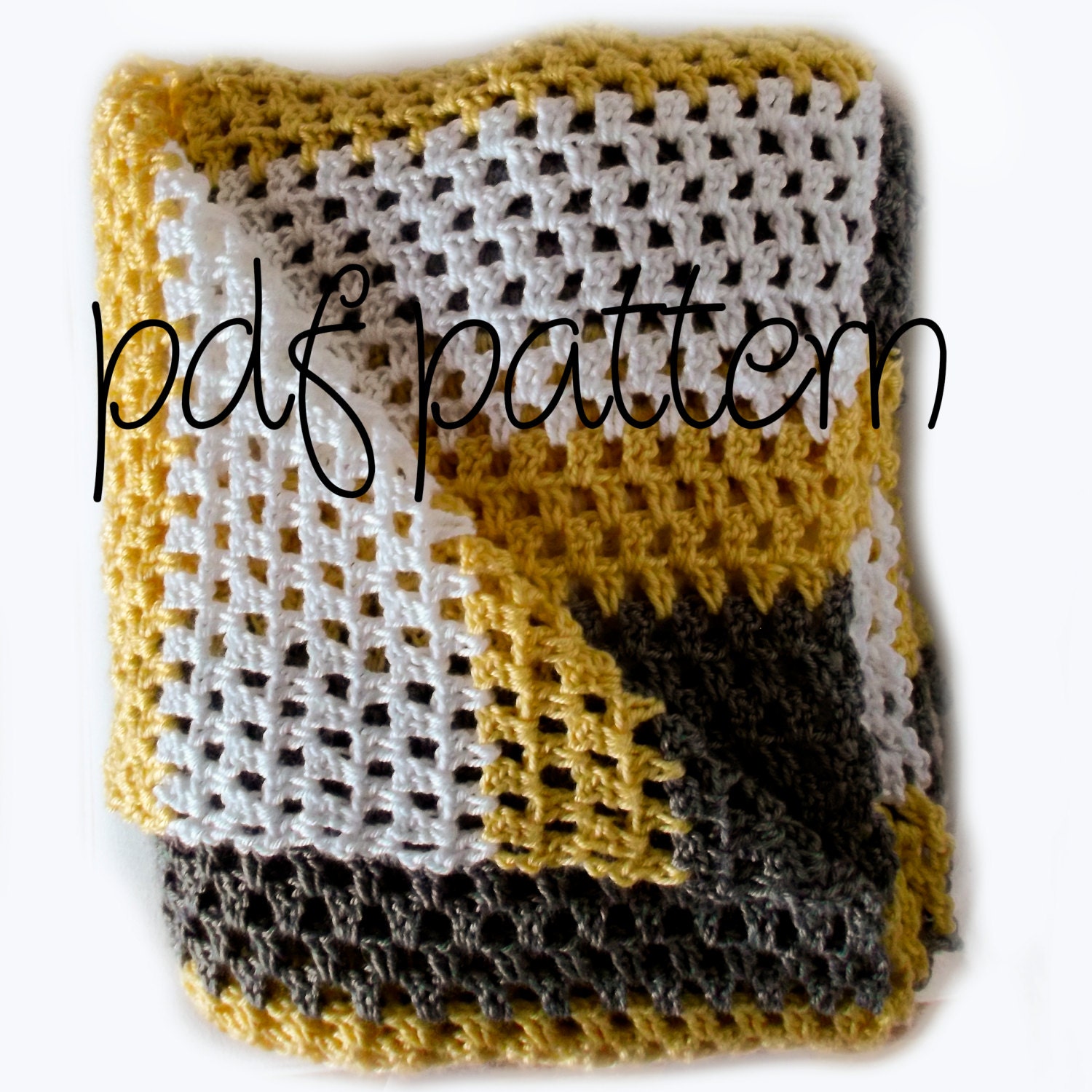 PDF Crochet Pattern - Beginner Easy - Yellow, Grey, and White Modern Granny Stripe Throw