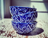 Dip Bowls (Set of 3) -- White Dip Bowls with Hand-painted Royal Blue Intricate Design, flower design, dot design, for food or decoration
