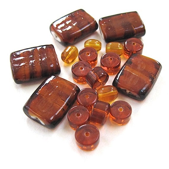 Caramel Amber Glass Bead Assortment Brown Lampwork Rectangles, Glass Rondelles, Ovals - RoughMagicals