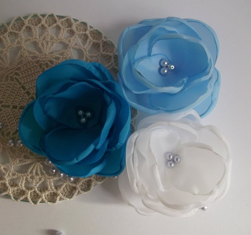Hair pin, Hair clip, Wedding, bridesmaids, fabric flower in handmade, Baby blue, Capri blue and white, Set of 3, Accessories, Birthday gift
