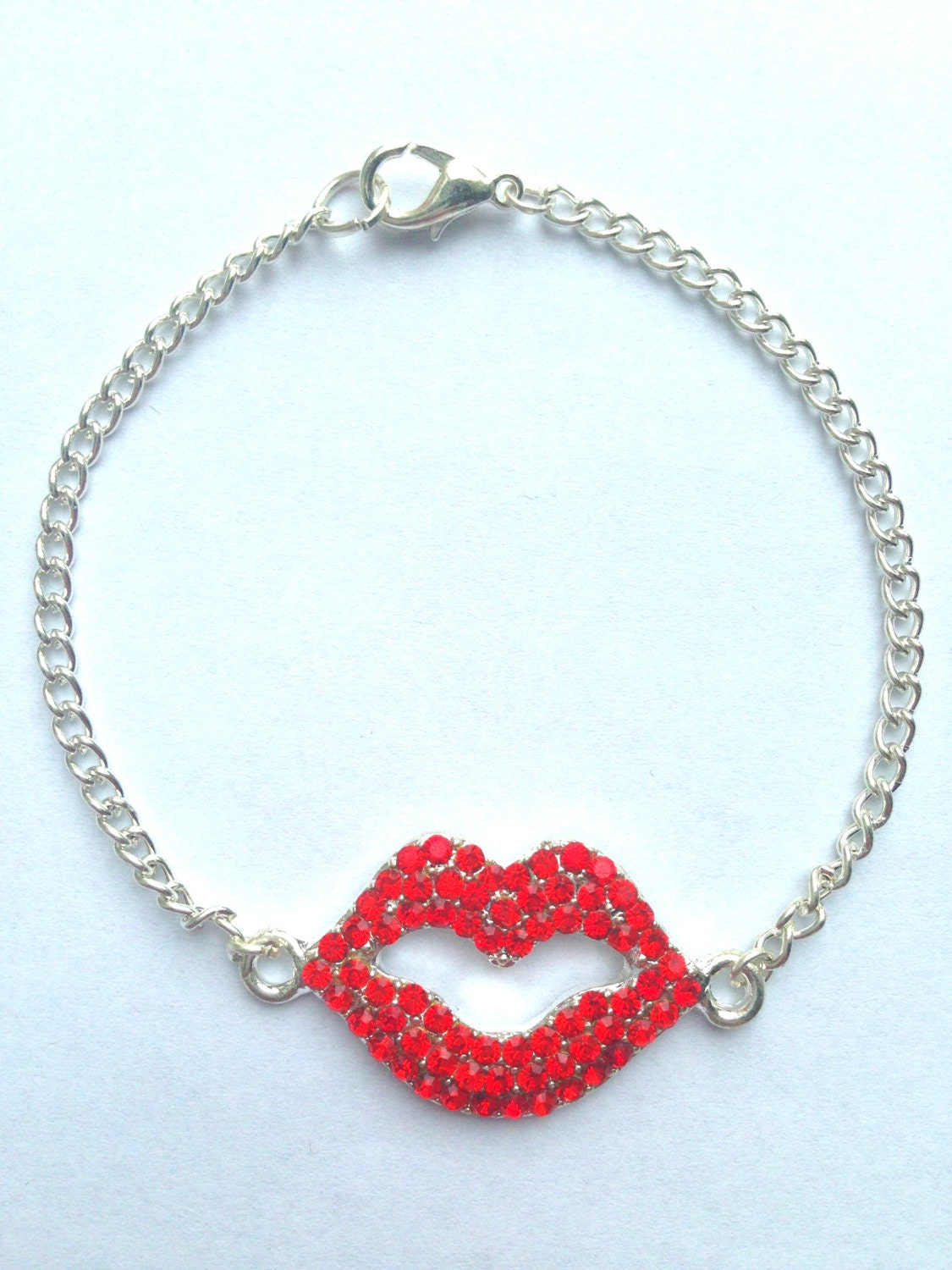 Silver Red Rhinestone Lips Sparkle Bracelet