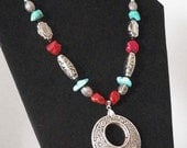 Southwestern Chunky Turquoise Necklace, Red & Turquoise Howlite with Silver Pendant, Cowgirls Western Jewelry, Country Girl Collection