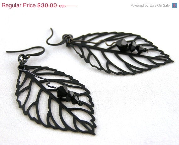 20 % VACATION SALE Black leaf and ruby Swarovski crystal earrings