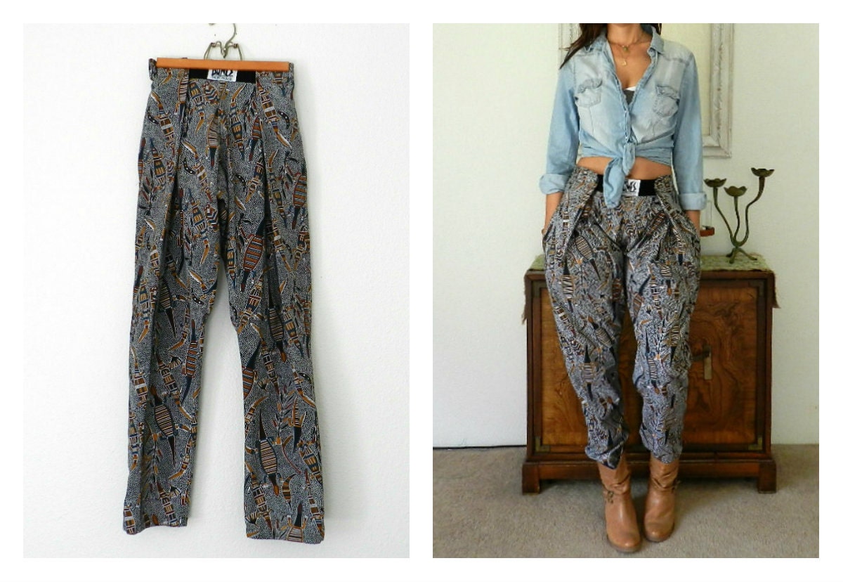 80's DUNES HAREM PANTS - Vintage Bodybuilding-Workout Pants / Parachute / Mc Hammer / Tribal Print / Size Small to Medium