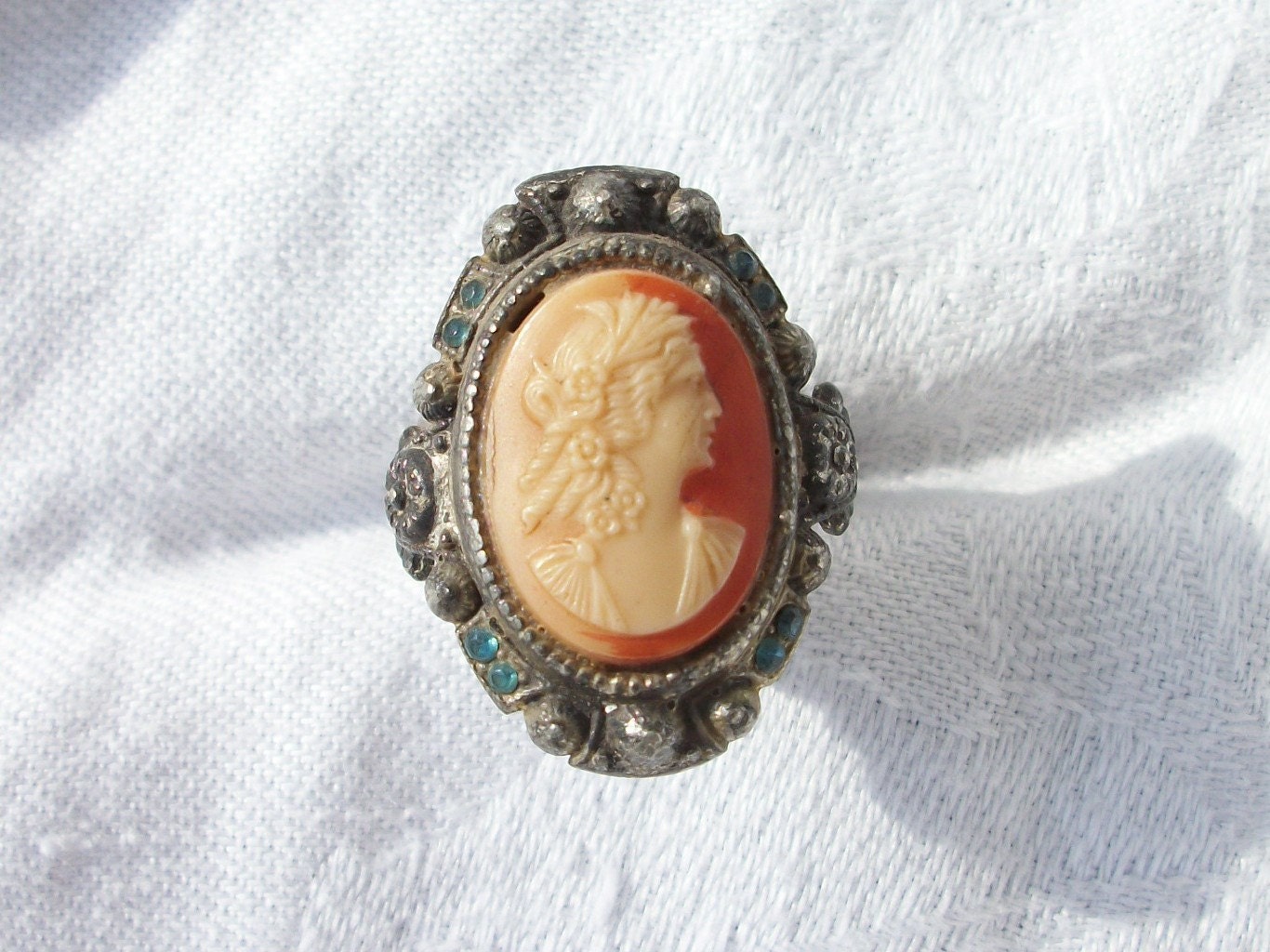Vintage - Big Bold Cameo Adjustable Ring -  Bohemian - Gypsy - Chic - Blue Rhinestones