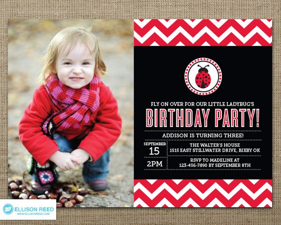 Ladybug Birthday Invitation - Ladybug Printable - Chevron invitation - First Birthday invitation - Girl Birthday Invitation - Red - Black Il_570xn
