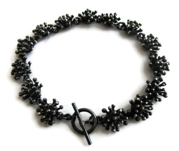 Oxidized Silver Flower Bracelet,  Silver Link Bracelet, Starburst Bracelet