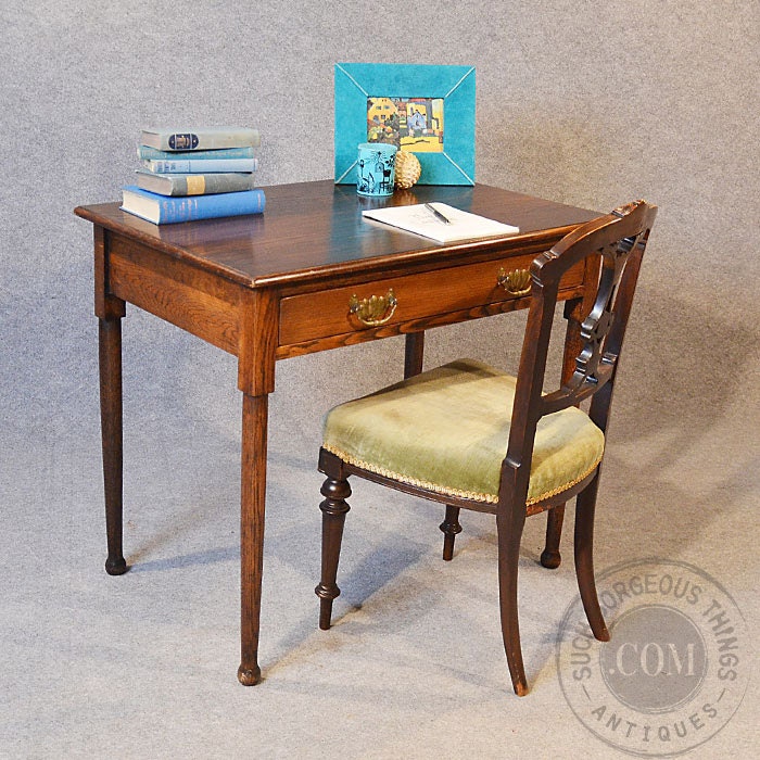 Antique Oak English Library Table Writing Desk With Drawer Edwardian c1910