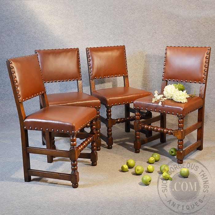 Antique Set 4 Four Oak & Leather Dining Chairs Quality English Edwardian c1910