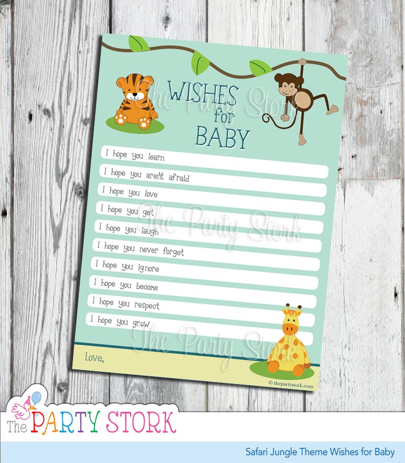 Safari Wishes for Baby Cards, Jungle Theme, Tiger, Giraffe, Monkey, PRINTABLE Baby Shower Games by The Party Stork YOU PRINT