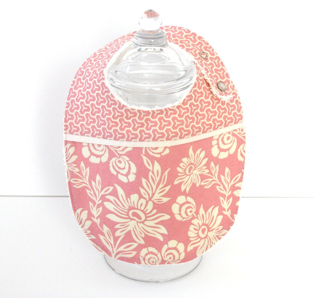 Baby Bib - Pink and Ivory Flowers with Chenille