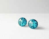 Turquoise glitter round studs, summer post earrings, everyday jewelry, cute earrings