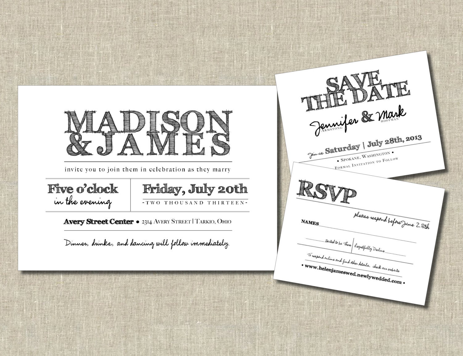 Rustic Printable Wedding Invitation Set - Black and White Handwritten - Custom Colors - WL1