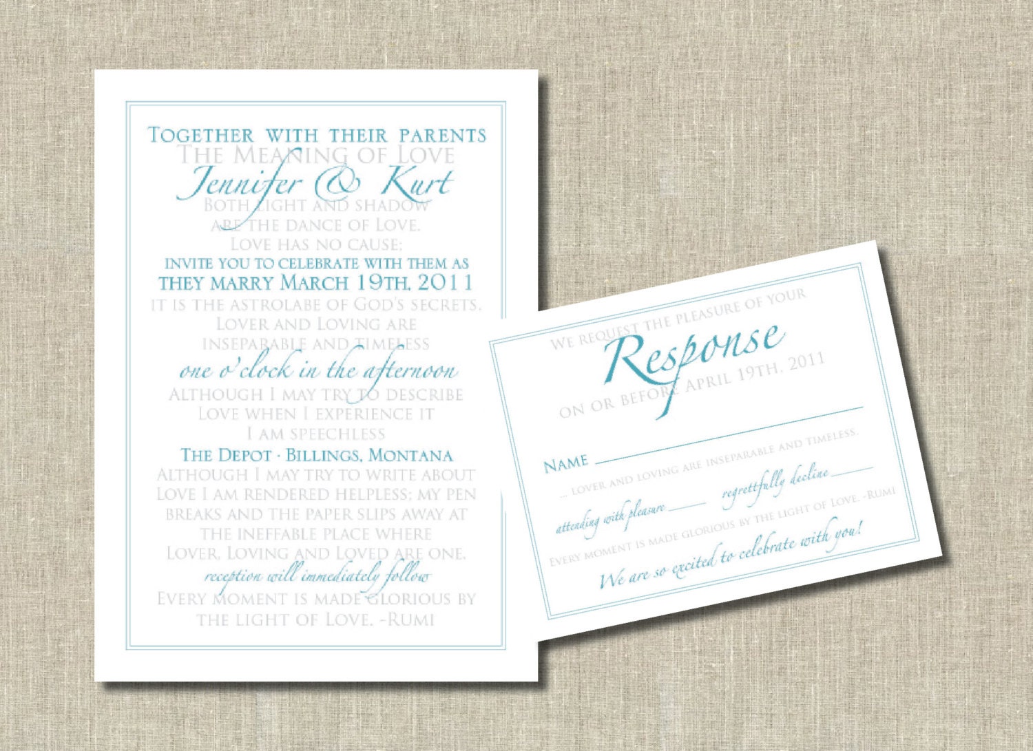 Simple Elegant Rumi Poem Wedding Invitation and RSVP Set - Turquoise and Gray- Custom Colors - WP6