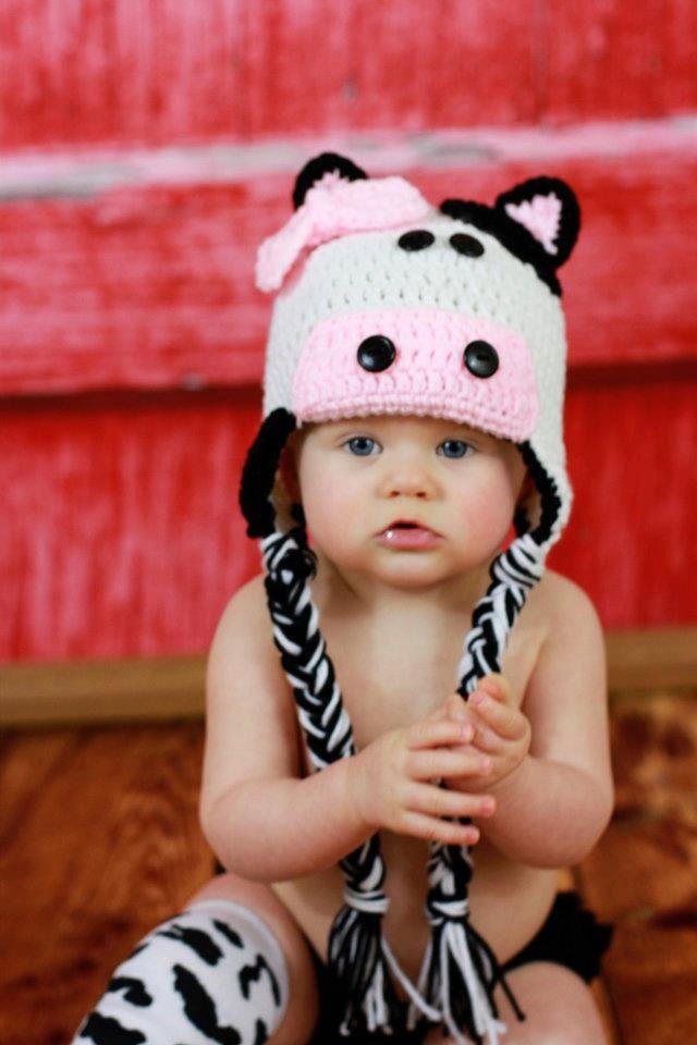 Crochet Cow Hat with bow, black and white, newborn up to adult