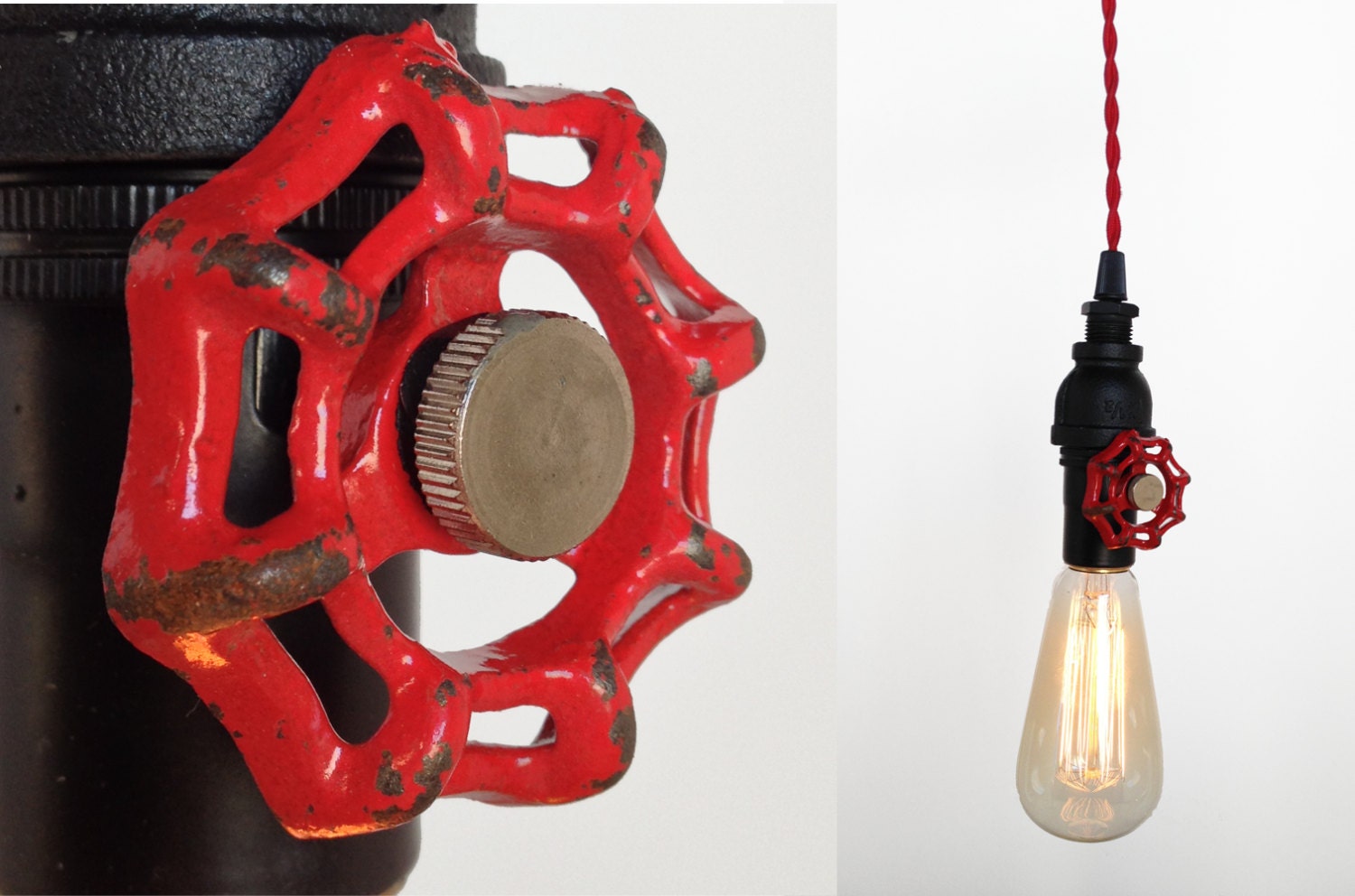Industrial Red Upcycled Valve Vintage Pendant Light