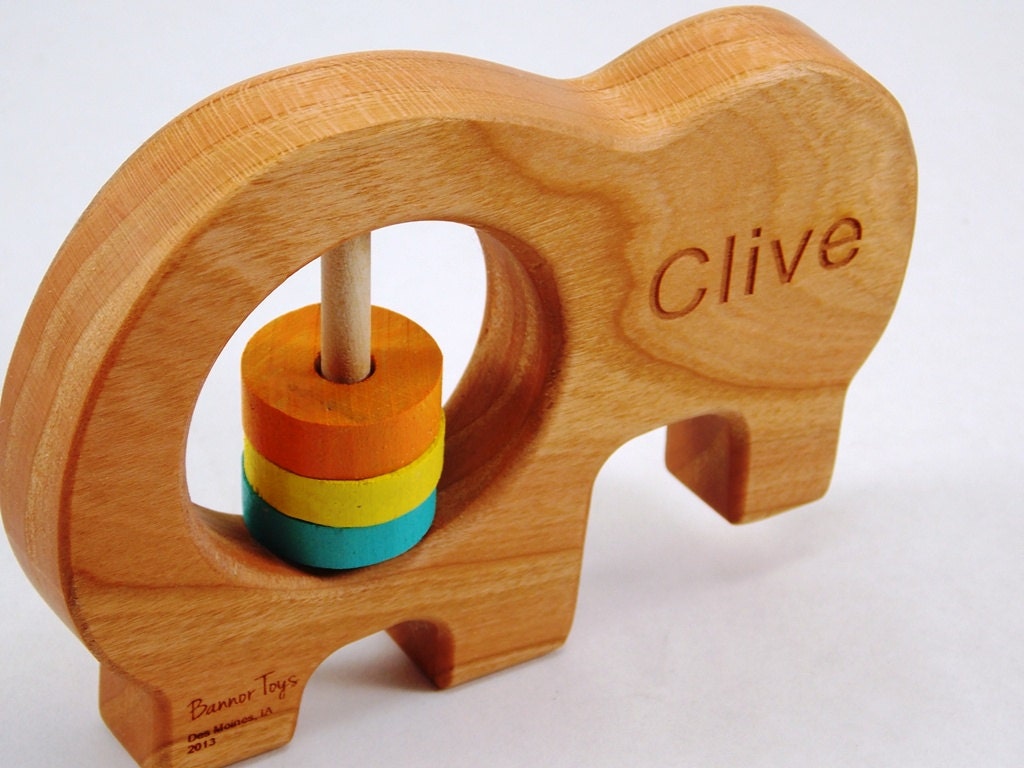 Personalized Wooden Elephant Baby Rattle - Organic Wooden Baby Toy by Bannor Toys
