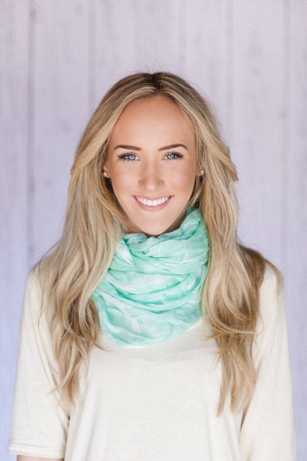 Mint Cross Infinity Scarf Mint Circle Loop Scarf with a Light Sideways Cross Print in a Gauze Soft Viscous Trendy Scarf