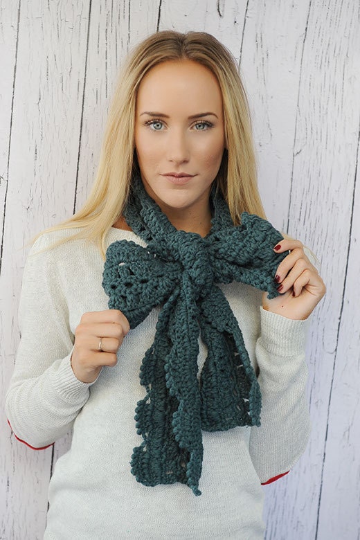 Dusty Teal Oversized Crochet Bow Scarf Long Women's Winter Lacy Scarf Cute Bow Scarf