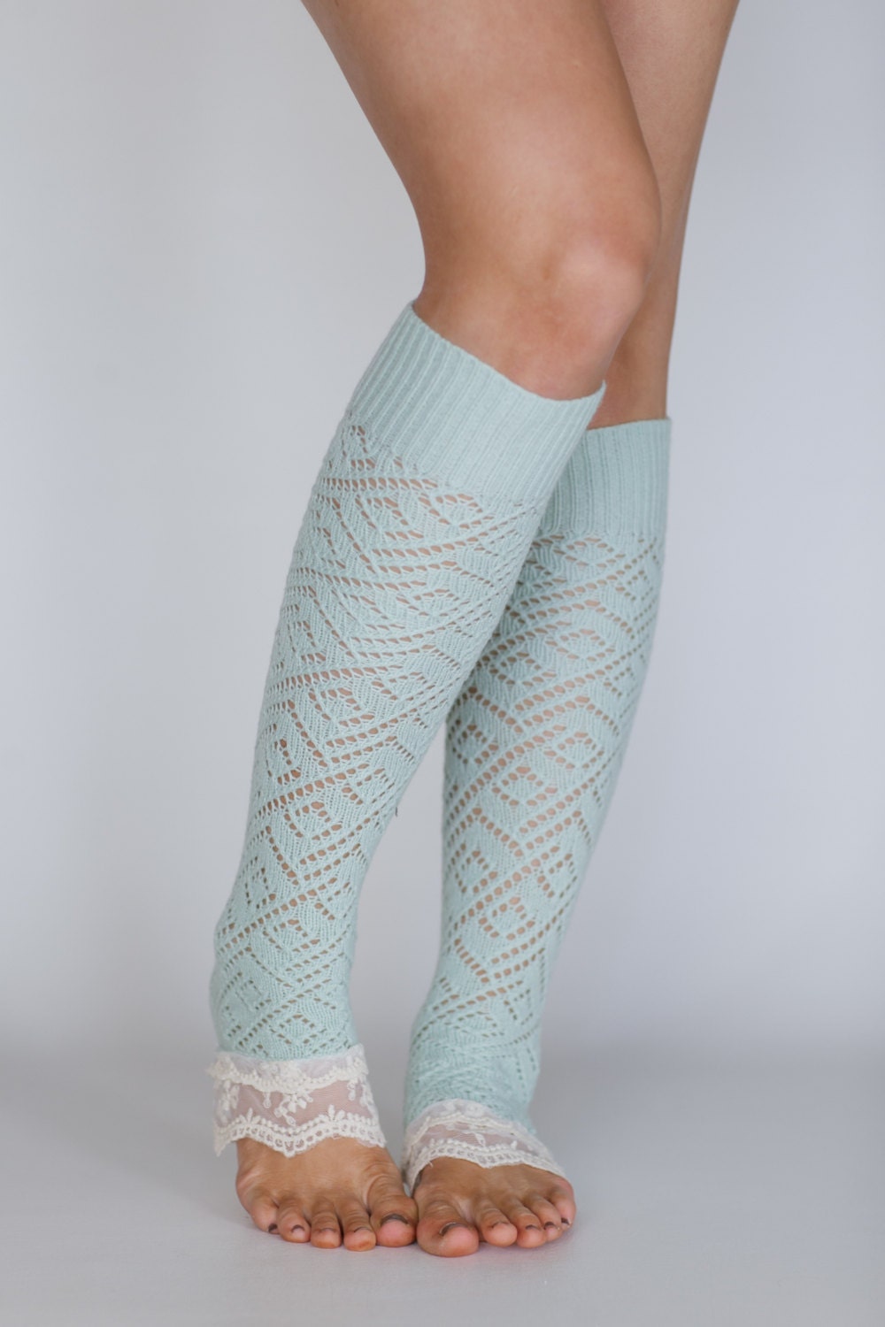 Fresh Mint Lacy Knit Leg Warmers with Ivory Vintage Lace Trim - Spring in Your Step Leg Warmers