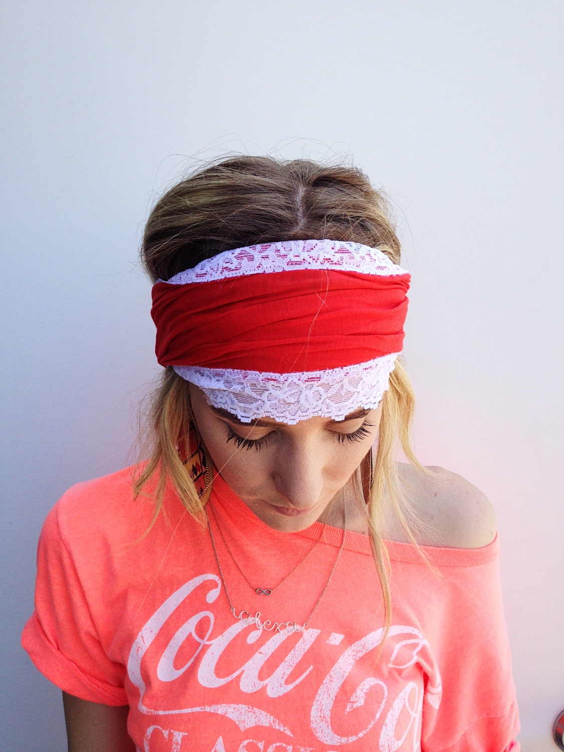 Red Stretchy Lace Headband- Jersey Head bands headband wide hair wrap hair covering head band