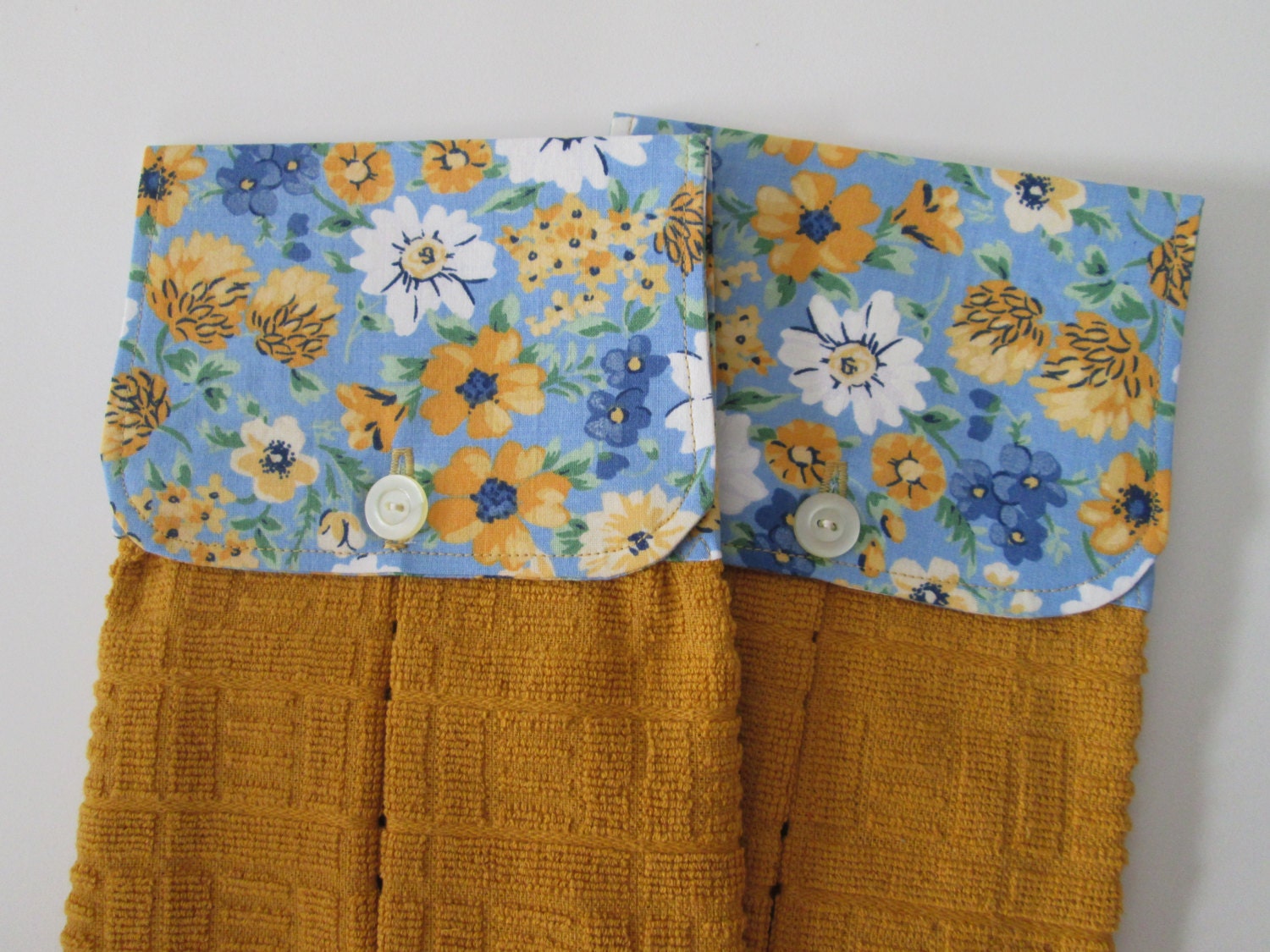 Hanging Kitchen Towel Set-  Vintage Blue White Gold Floral Fabric With Vintage Buttons  Gold Terry Cloth Towels