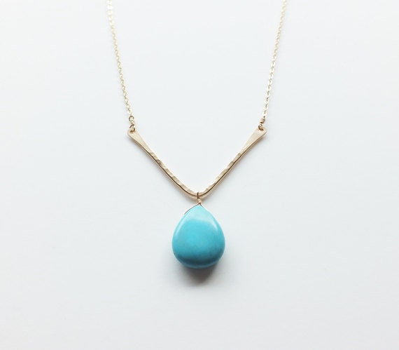 Gold Filled Hammered V and Turquoise Necklace - Everyday Necklace - Gold Filled or Sterling Chevron Necklace - Gemstone Necklace