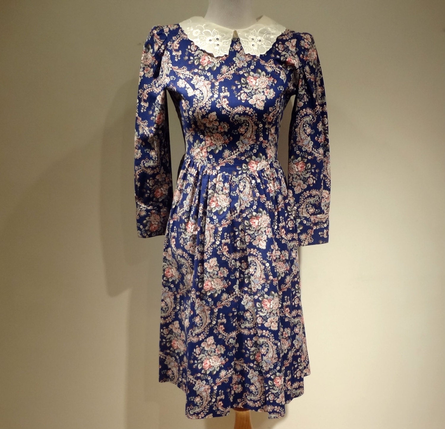 Vintage 1970's Blue Floral Party Dress by Lanz Pink Flowers Lace Collar 1950's Style S