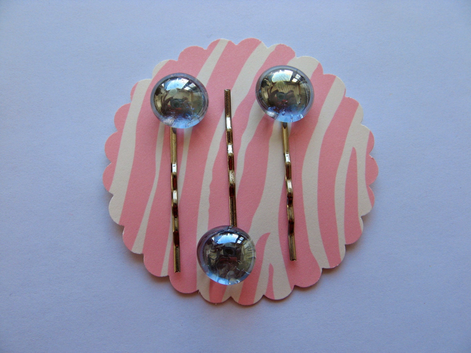 Clear Ice Blue Glass  on Silver Tone Bobby Pins - Set of 3- Flattened Oval Shape