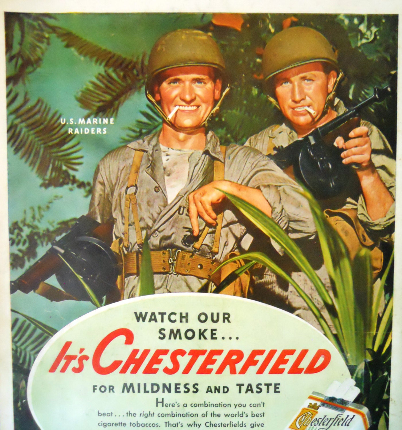 Chesterfield WWII War Cigarette Magazine Ad/US Marine Raiders/WWII/ Guns/Jungle/Bond Stamps/