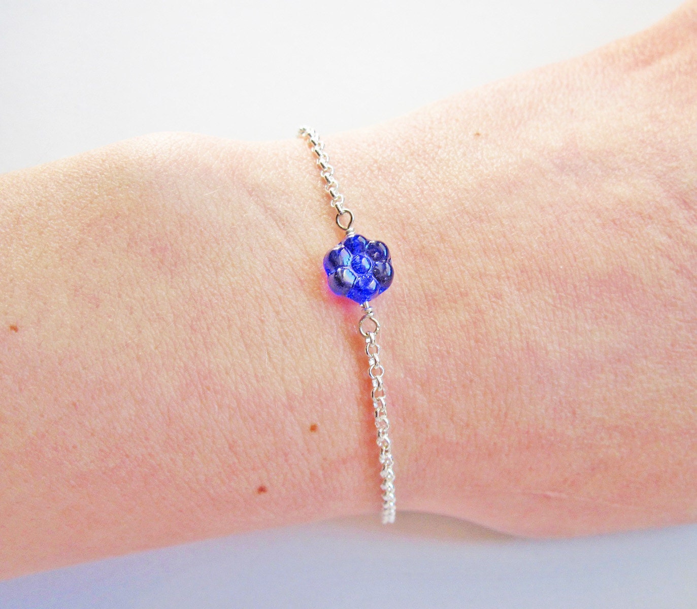 tiny flower bracelet, thin bracelet, silver bracelet, layering jewelry, small flower bracelet, blue floral bracelet, small bracelet, jewelry