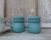 Pair of Wooden Salt and Pepper Shakers Painted Turquoise
