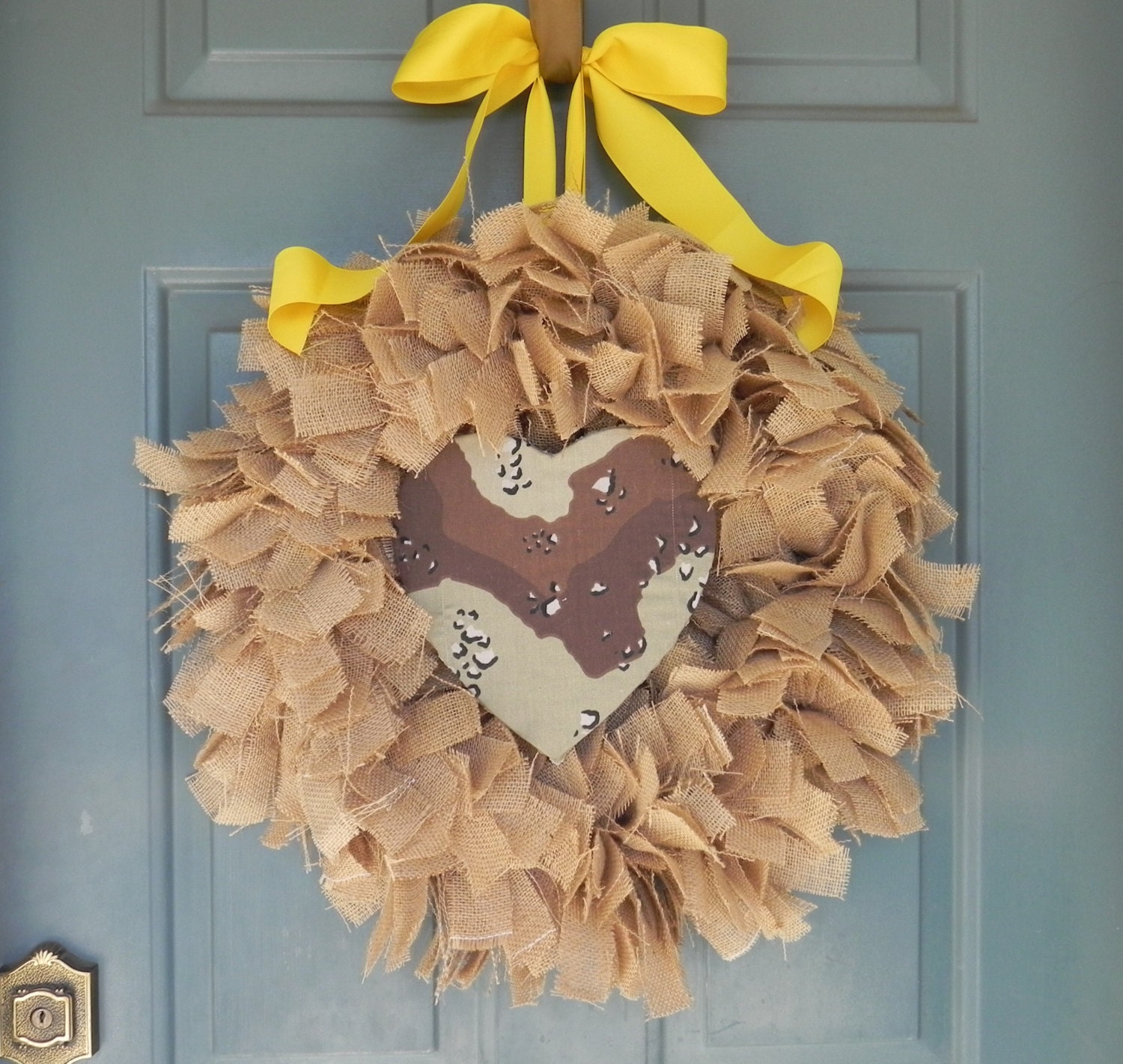 My Heart Belongs to a (deployed) Soldier - Tan Burlap Wreath with Camo Heart and Yellow Ribbon