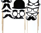 Mustache On A Stick Wedding Party Photo Booth Prop Mask - Derby Hat And Retro Eye Glasses - 10 Piece Set