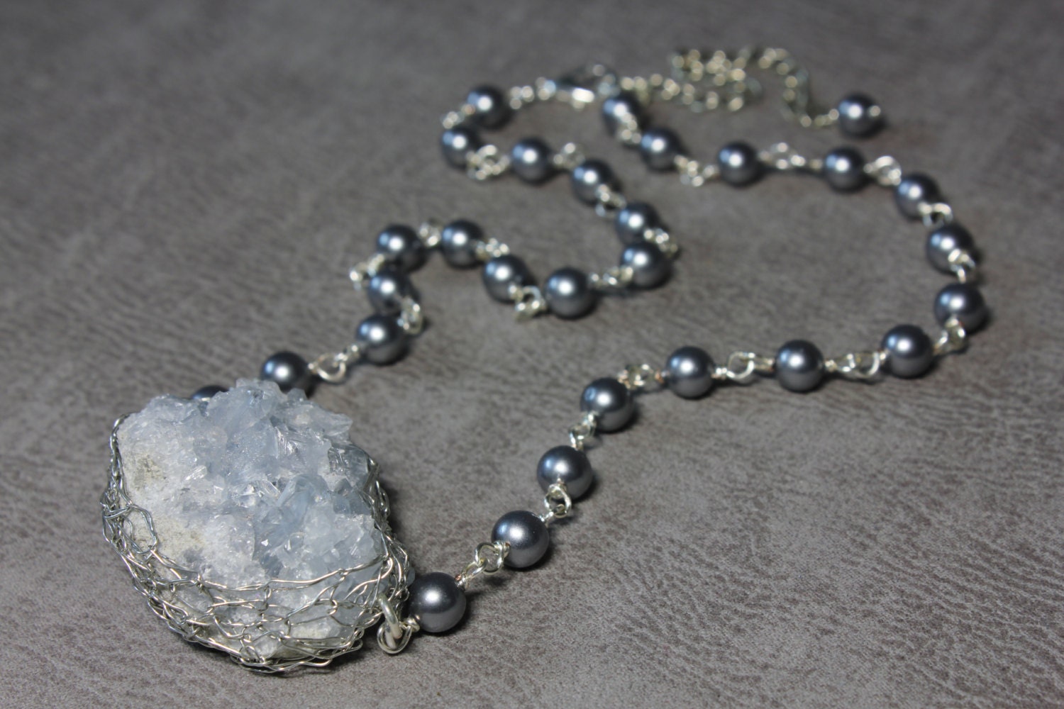 Pale Blue Celestite Oval Cluster Wrapped into Silver Wire Crochet, Grey Shell Pearls, Elegant Stylish Necklace
