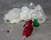 Emerald Green&Ruby dyed Druzy Agate with Geode Inclusions, Sterling Silver, Elegant Trio Necklace