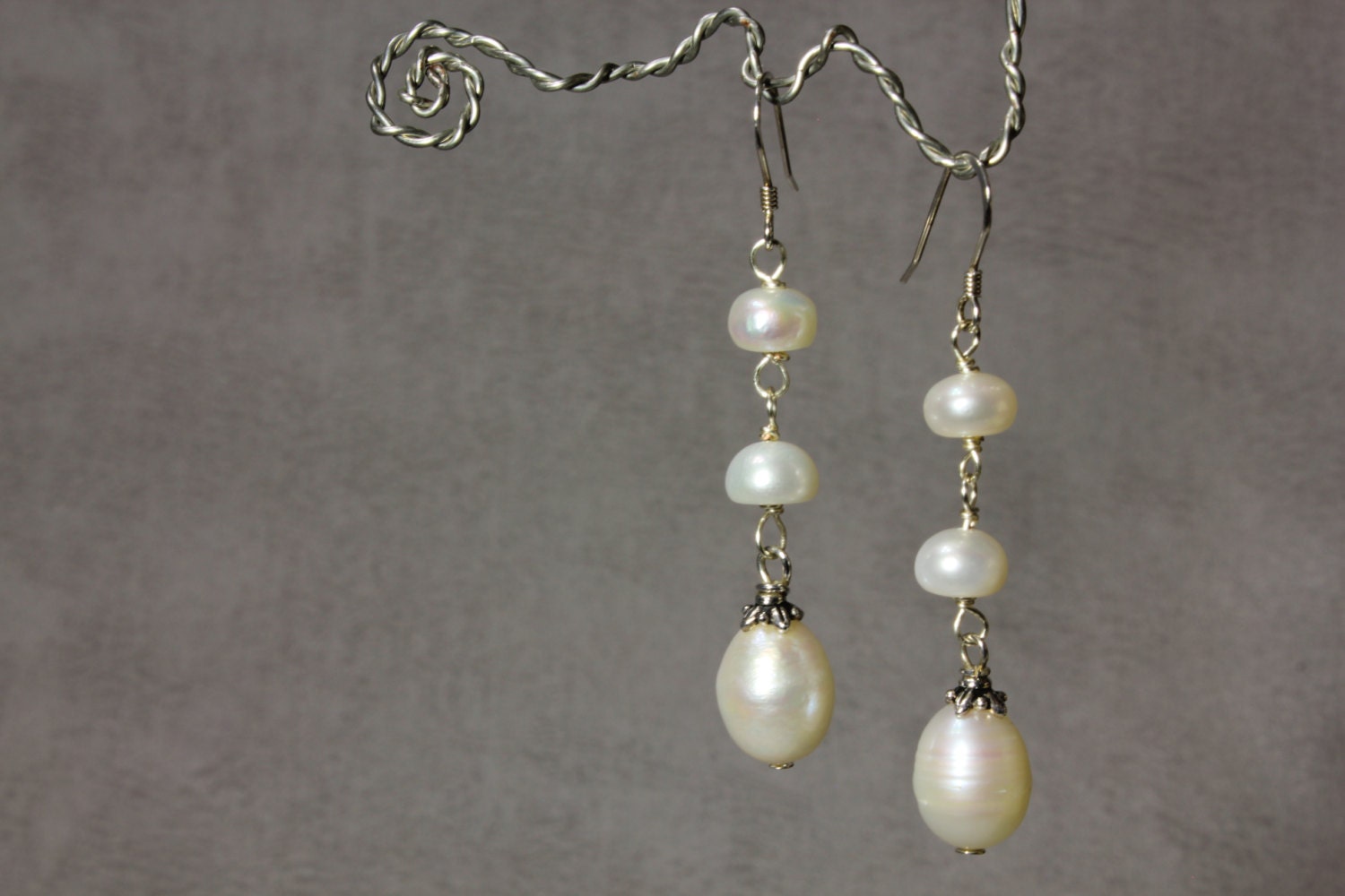 White Fresh Water Pearls, Sterling Silver, Pewter, Long Dangling Earrings