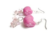 Blossom, roses and floral hot pink bunny rabbit earrings, Czech glass, polymer clay