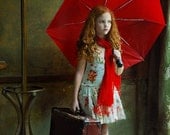 art portrait of a red-haired girl red umbrella and suitcase, photography print, room decor, gift, children,