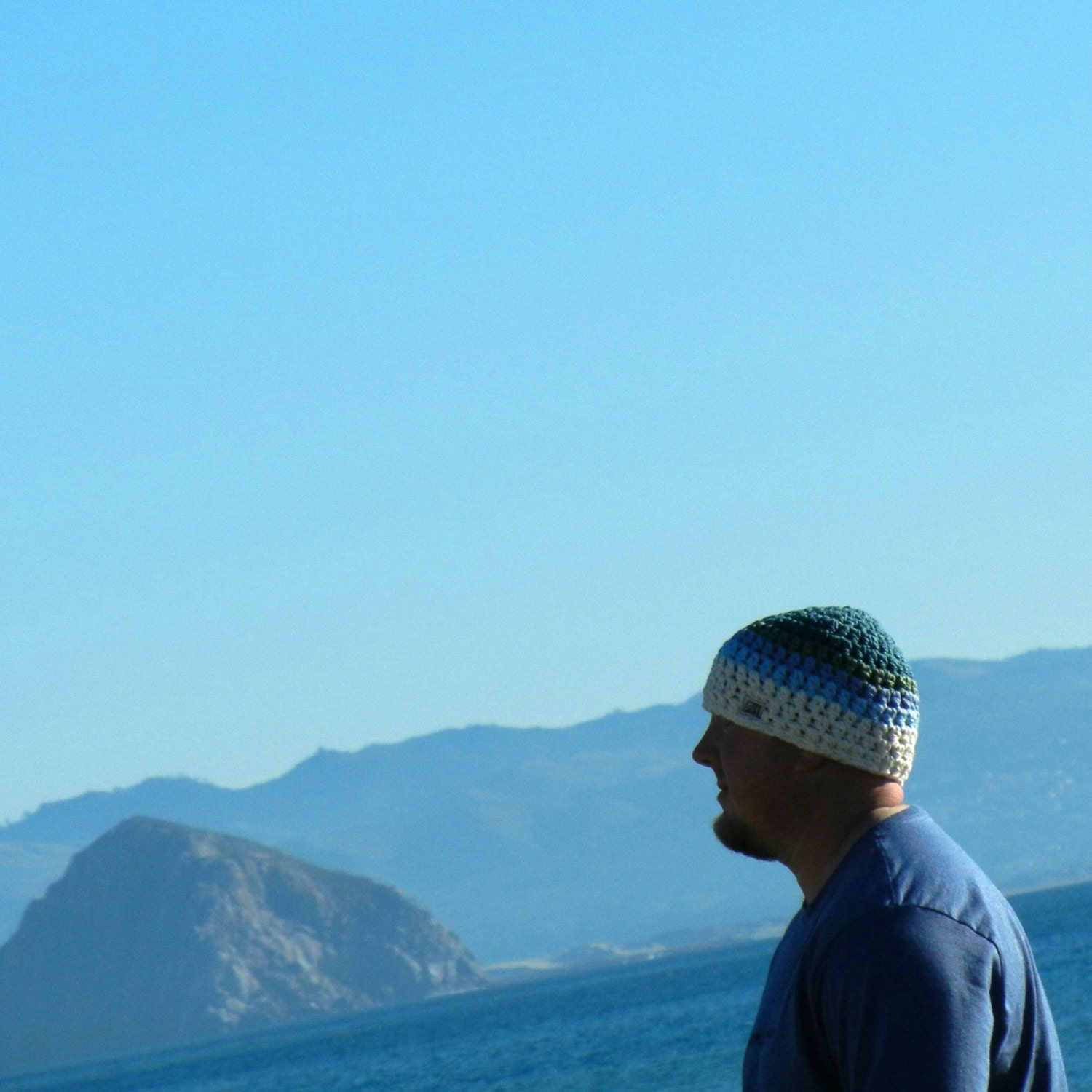 Eco friendly organic cotton hat, earth day gift, unisex crochet beanie, cream white sky blue aqua blue ocean and monaco blue