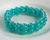 Teal Green Beaded Bracelet, Glitter Sparkle Pony Bead Childrens Stretch Bracelet