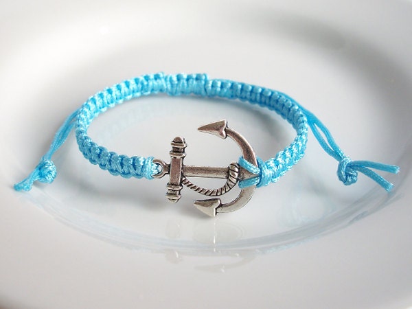 Custom Color Silver Anchor Charm Bracelet, Adjustable Square Knot Friendship Macrame Bracelet