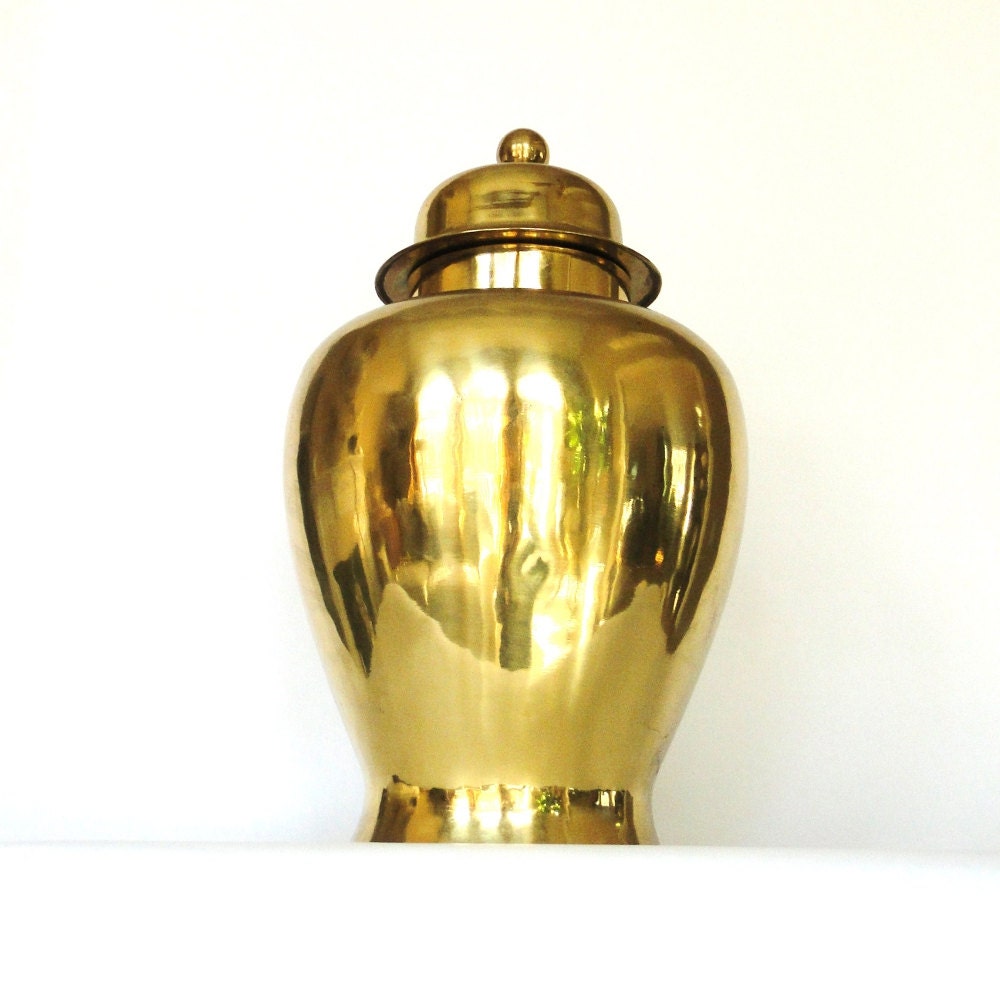 Vintage Ginger Jar Elegant Large Brass Urn Chinoiserie Chic Jar With Lid Stunning Hollywood Regency Home Decor Brass Cannister - BelatedDesigns