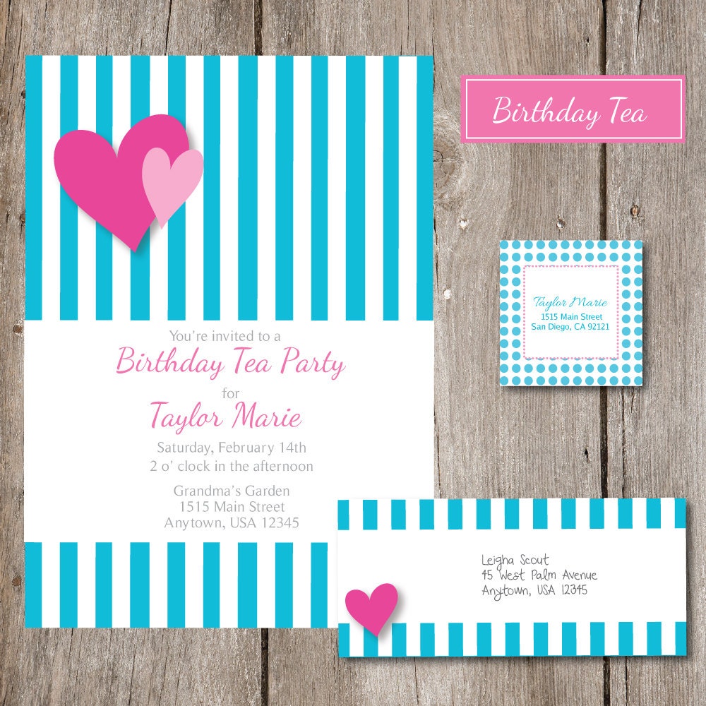 Birthday Tea Party Invitation and Mailing Labels- You print or We print for you