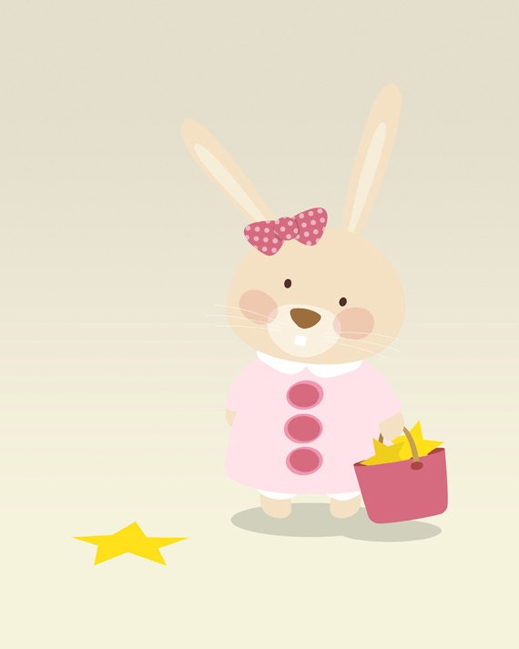 Nursery art print, Kids wall art, A lovely baby rabbit with stars on warm grey background, 11x14, Archival art print.
