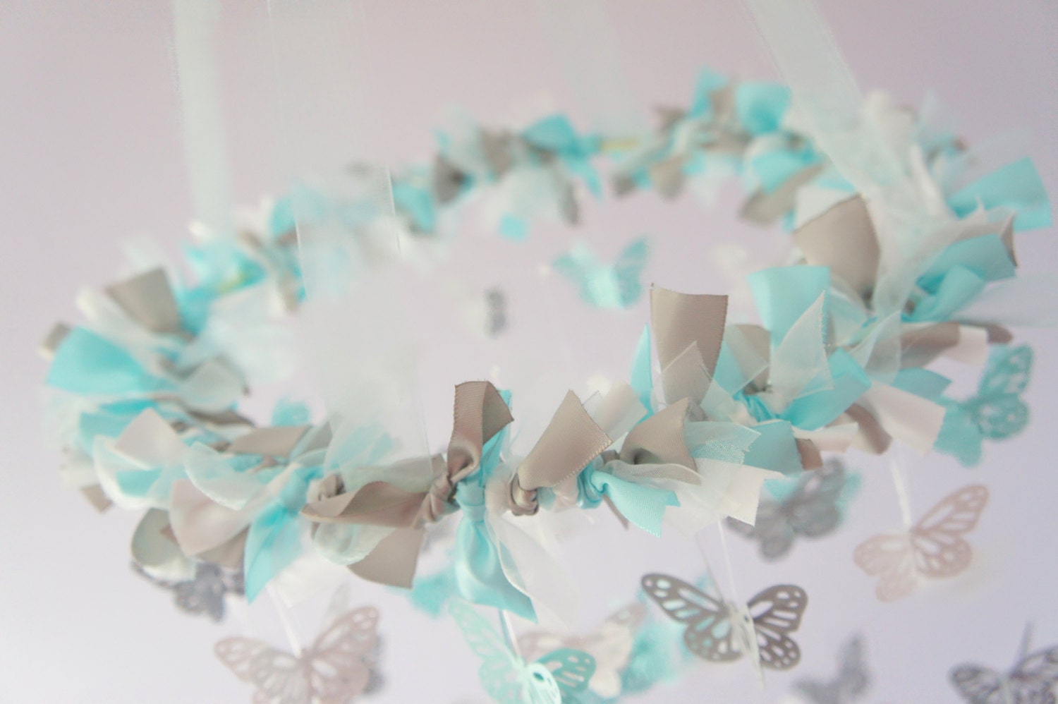 Nursery Decoration- Butterfly Mobile in Aqua, Gray & White- Photography Prop, Baby Shower Gift