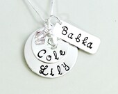 Hand Stamped Grandmother Necklace - Personalized Mother's Day Jewelry - Children's Names, Rectangular Tag & Swarovski Birthstone Pendants