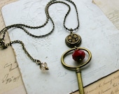 Key Necklace, Antique Button Necklace with Gold Key, Jewelry with Keys